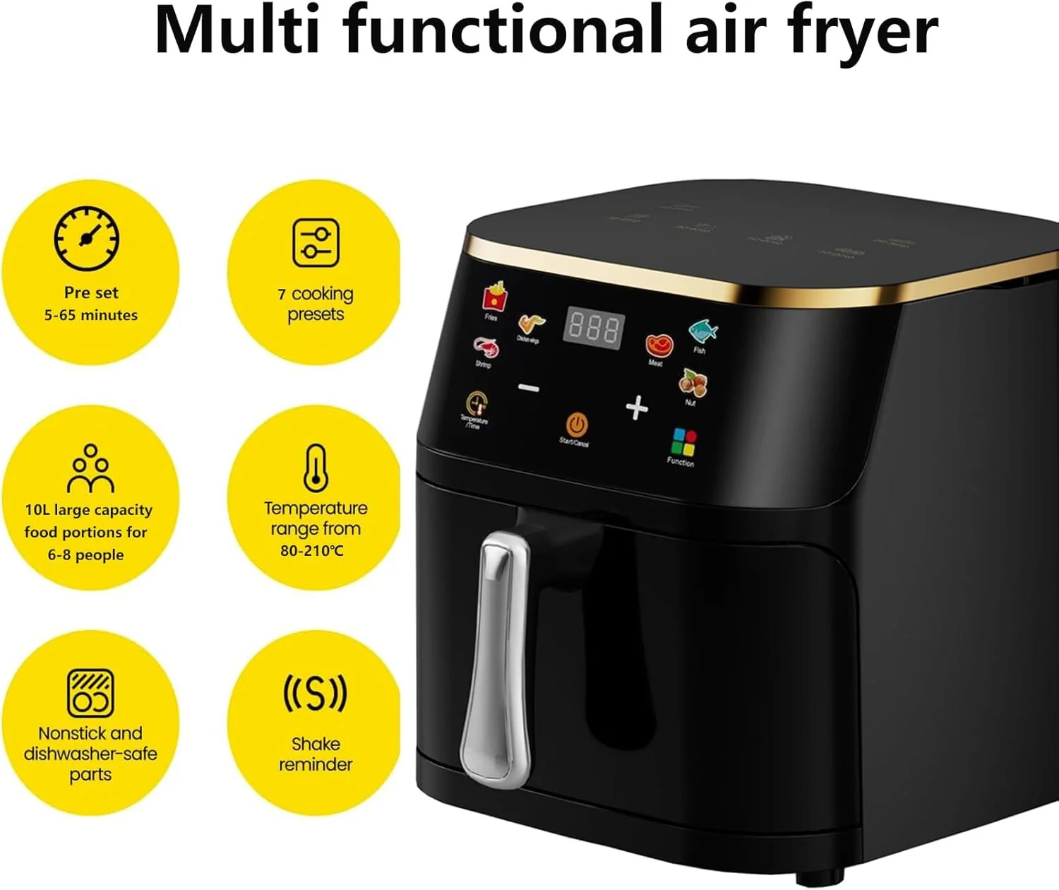 10L Large Digital Air Fryer Oven,7 in1 Multifunctional Touch Screen Presets Fry,Auto Shutoff,Hot air convection for Healthy Oil-Free Cooking,Black Stainless Steel Air fryer - Image 2