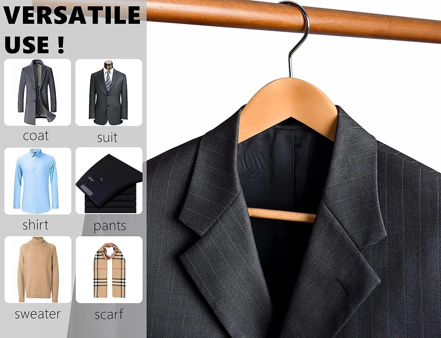 Wooden Suit Clothes Hangers with Non Slip Pants Bar (10 Pack) - Image 5