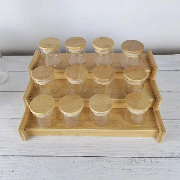 12pcs glass spice jar set with a brown bamboo stand - Image 2