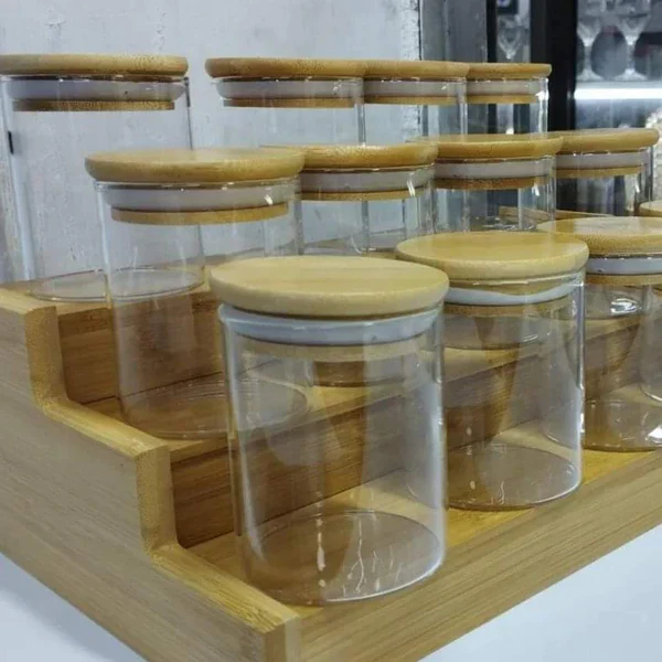 12pcs glass spice jar set with a brown bamboo stand - Image 3