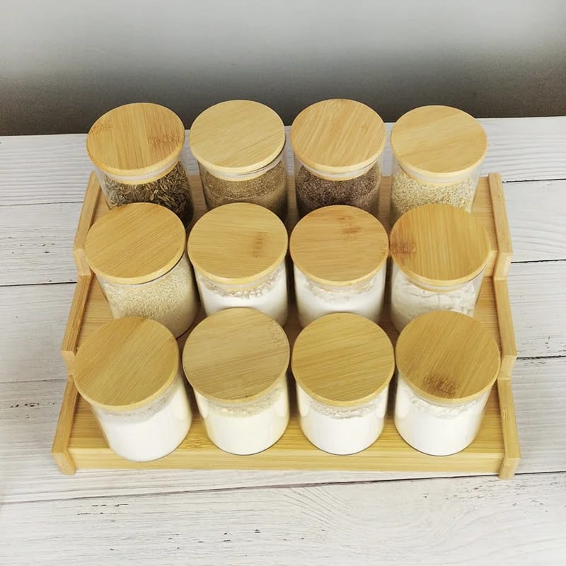 12pcs glass spice jar set with a brown bamboo stand - Image 4
