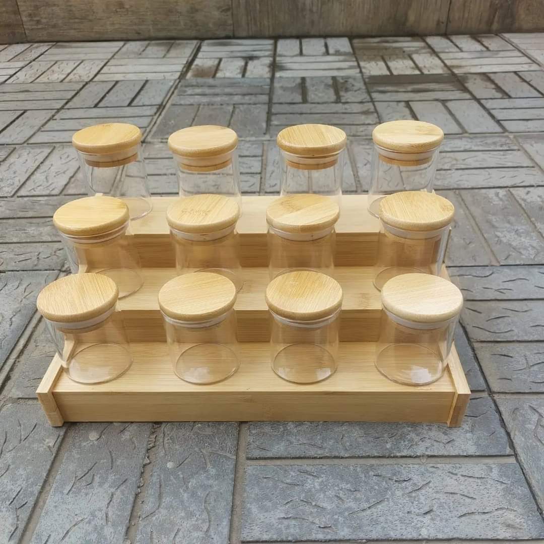 12pcs glass spice jar set with a brown bamboo stand - Image 5