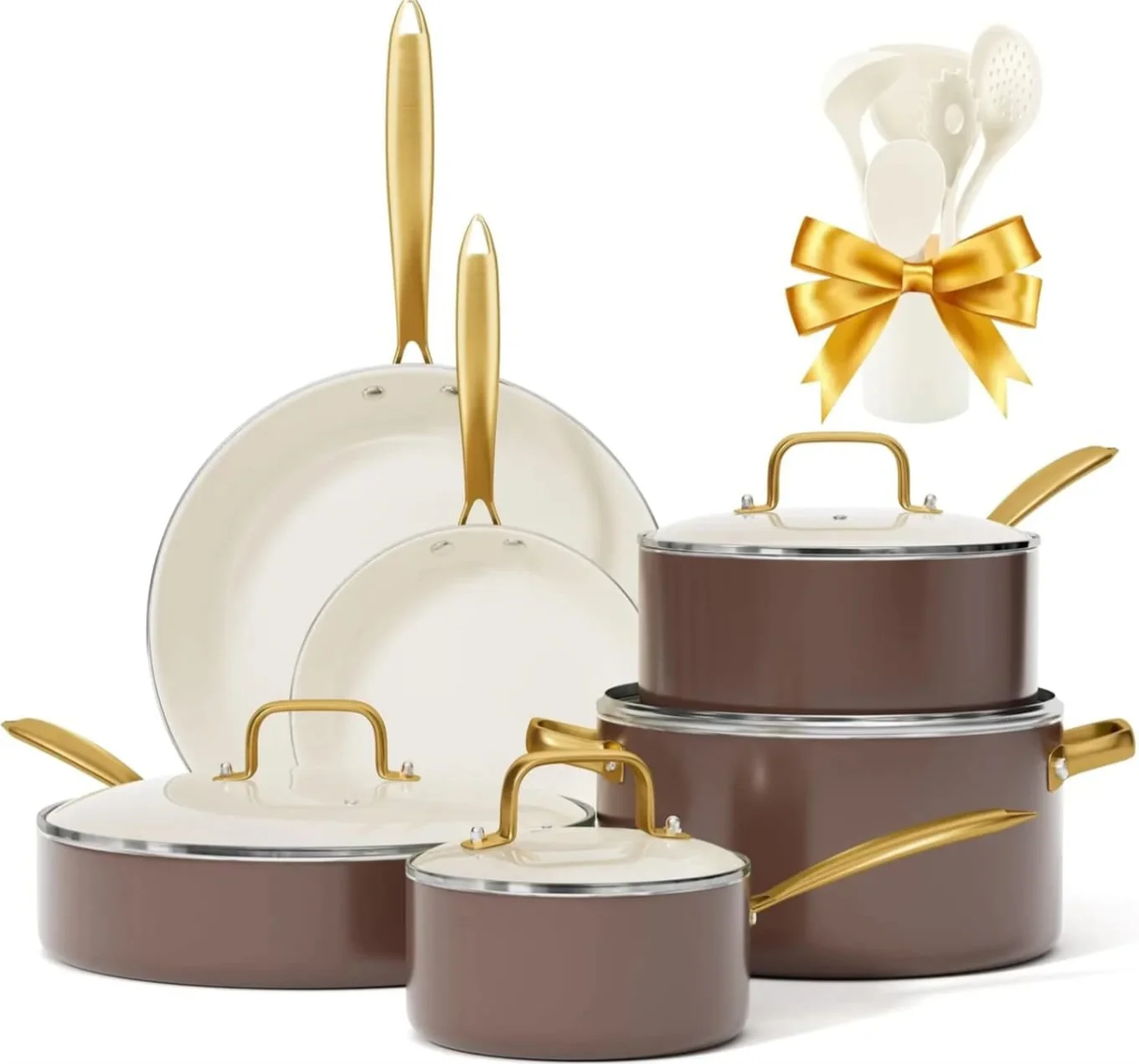 15 Pcs Ceramic Cookware Set PFAS Free PFOA Free with 5 Silicone Spoons Dishwasher Safe - Image 2