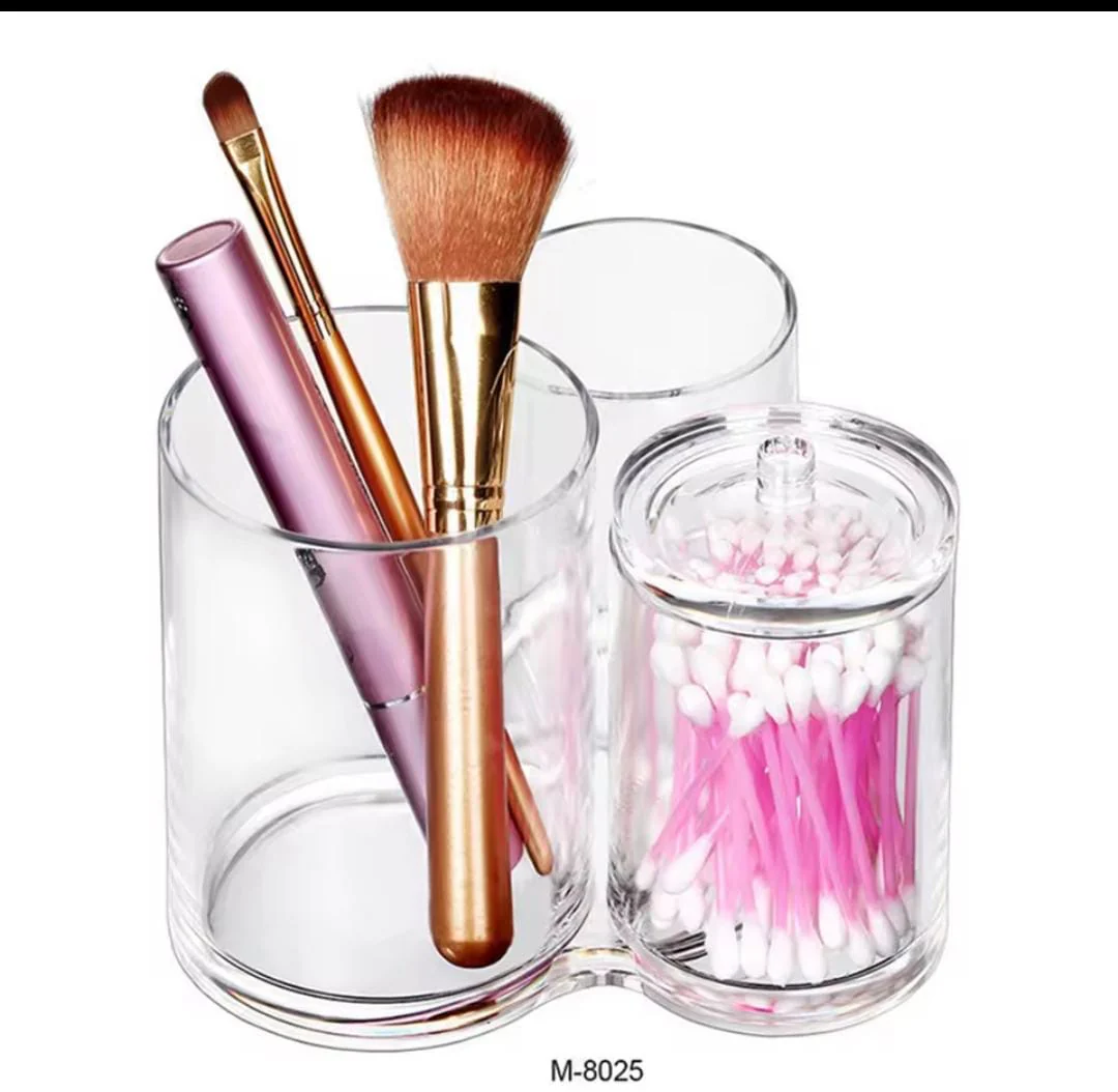 2-in-1 Acrylic Round Cotton Swab Holder & Makeup Brush Holder, Clear Acrylic Organiser with Lid for Bathroom, Vanity & Dressing Table - Image 3