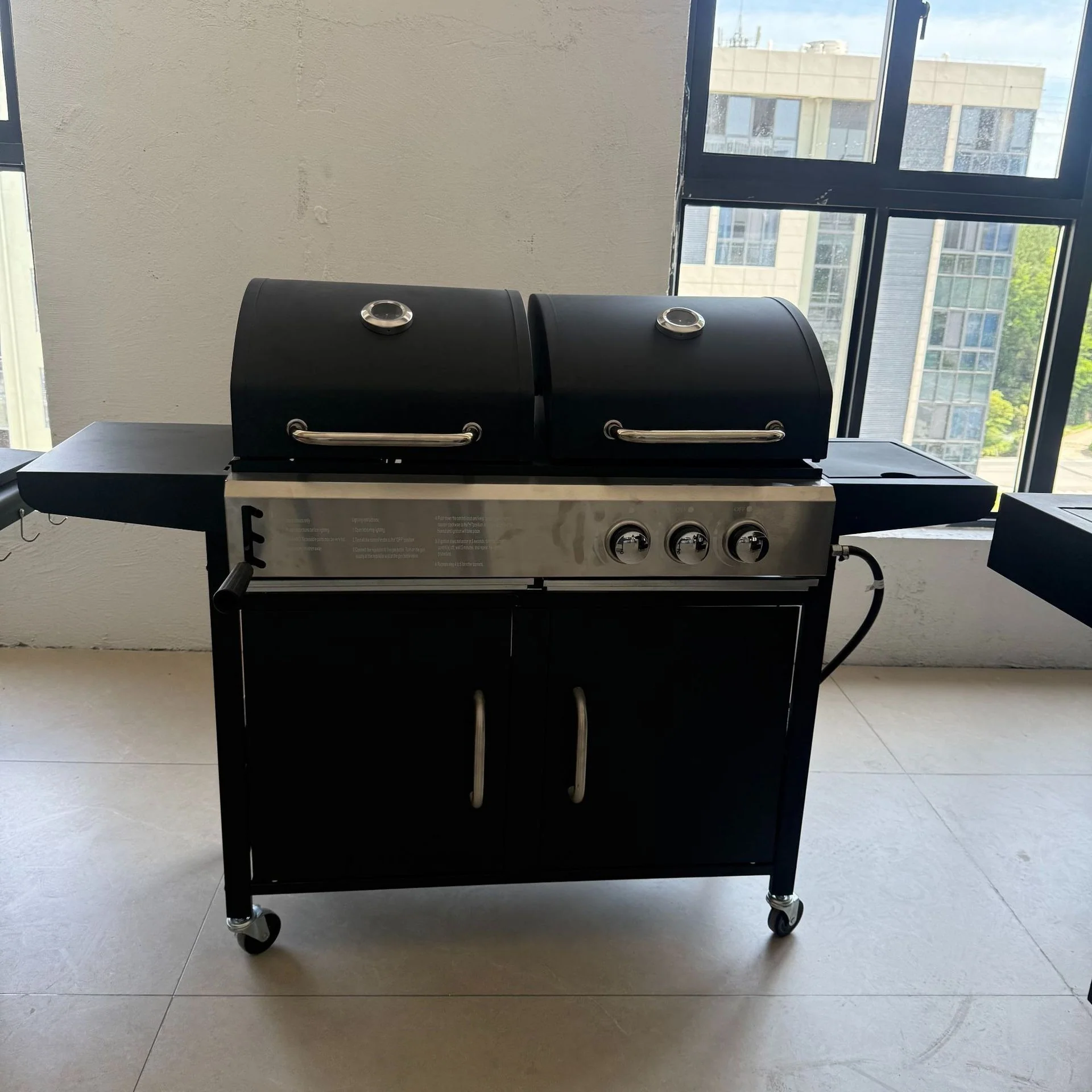 2-in-1 Gas & Charcoal BBQ Spit Roaster with Trolley Outdoor Grill for Garden & Camping - Image 2