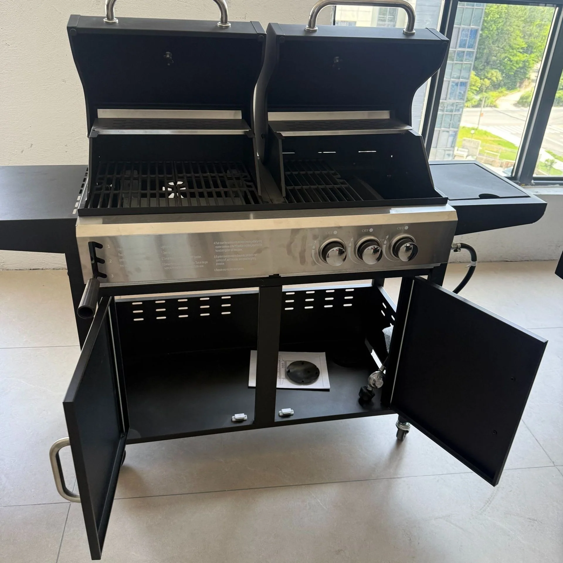 2-in-1 Gas & Charcoal BBQ Spit Roaster with Trolley Outdoor Grill for Garden & Camping - Image 3