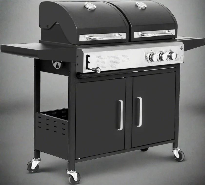 2-in-1 Gas & Charcoal BBQ Spit Roaster with Trolley Outdoor Grill for Garden & Camping - Image 4