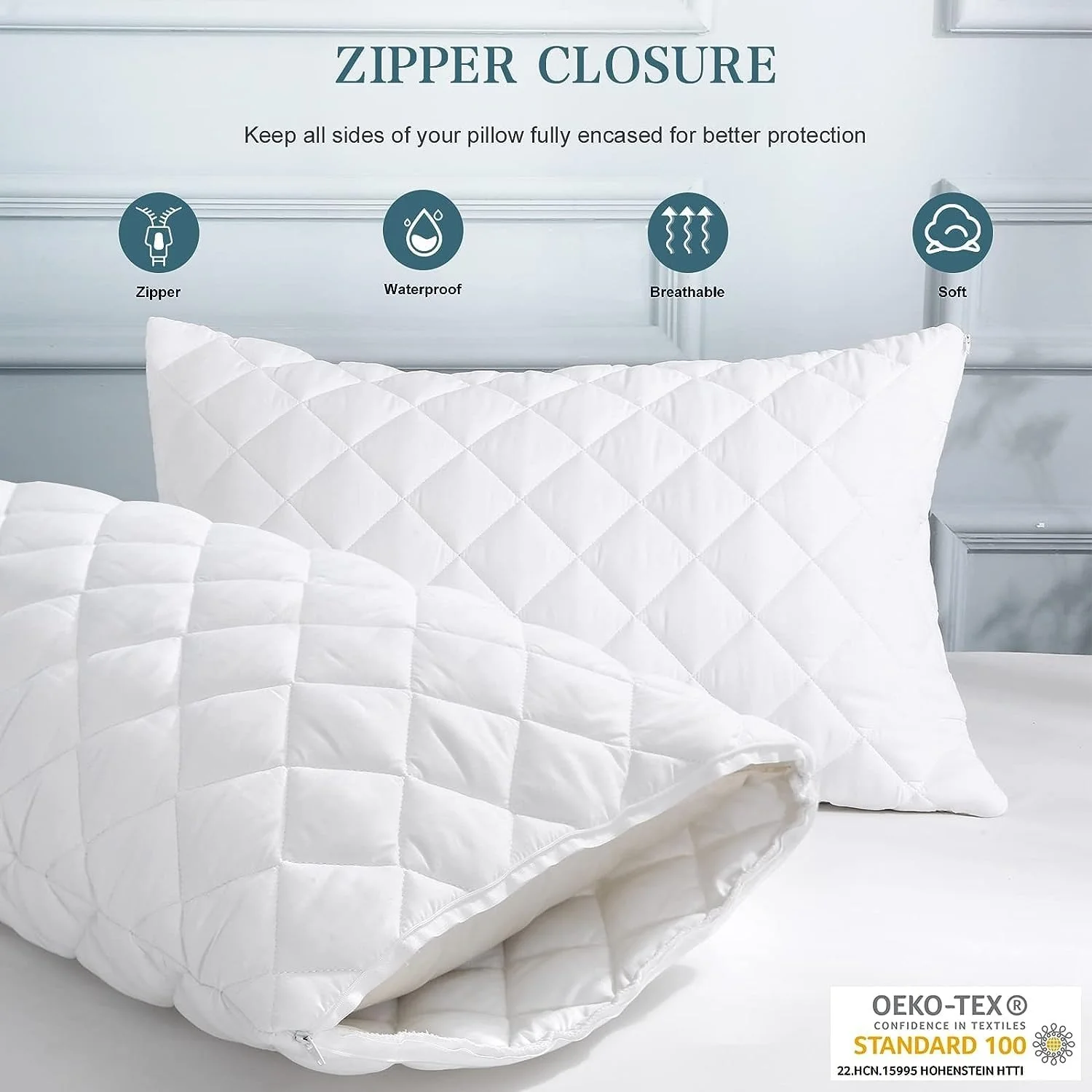 2 Pack Pillow Protectors Quilted Zipped Breathable 100% Cotton Hotel Quality 50 x 75cm - Image 4