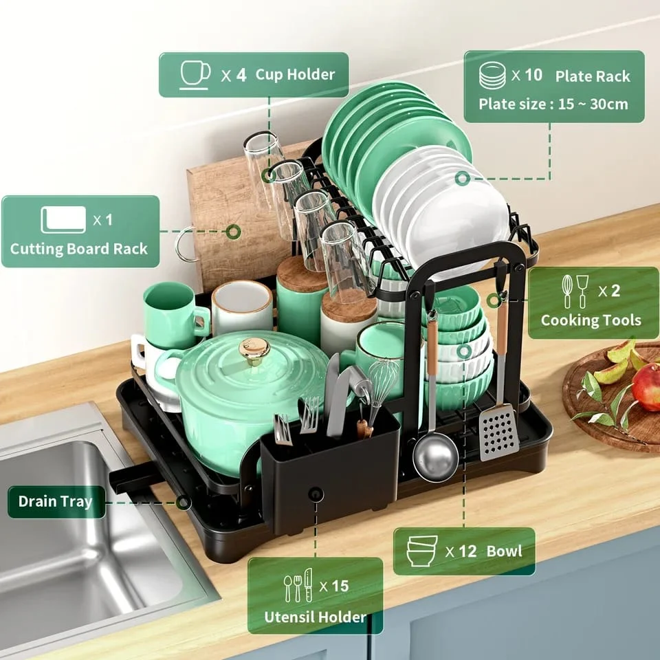 2 Tier Dish Drying Rack with Drip Tray - Image 5
