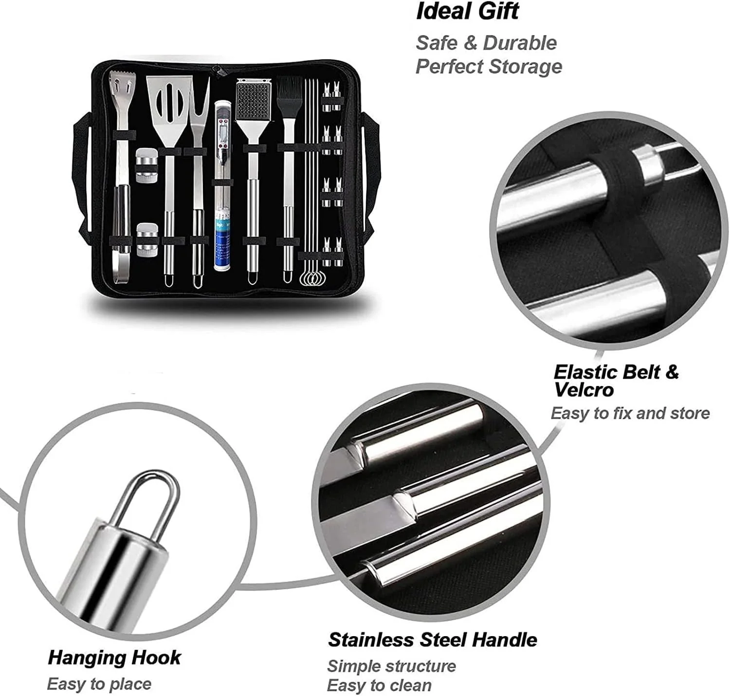 20pcs Stainless Steel BBQ Grill Tool Set with Thermometer & Storage Bag - Image 5