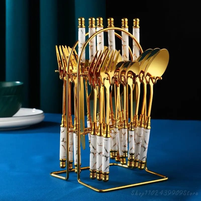 24 pcs gold Marble Cutlery Set with stand - Image 2