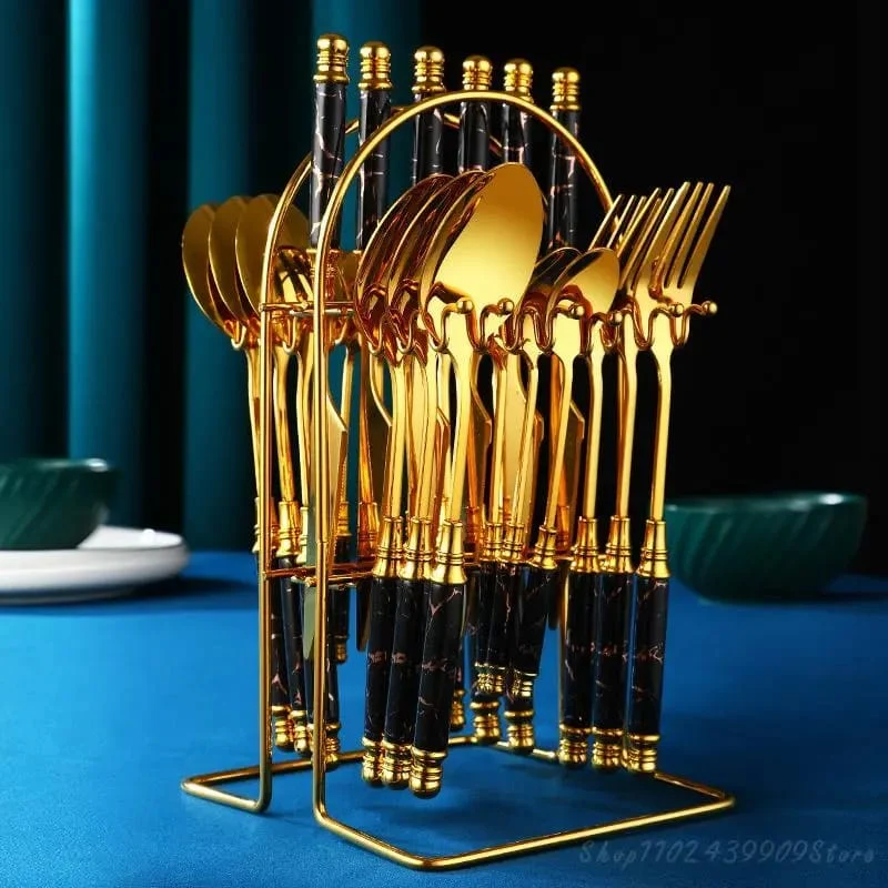 24 pcs gold Marble Cutlery Set with stand - Image 3