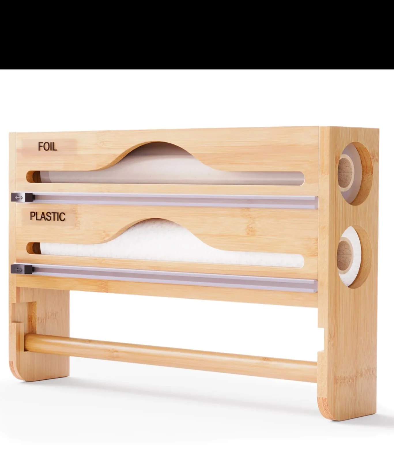 3-in-1 Bamboo Kitchen Wrap Organizer  Wall-Mounted Foil, Cling Film & Paper Towel Holder with Built-in Cutters - Image 2