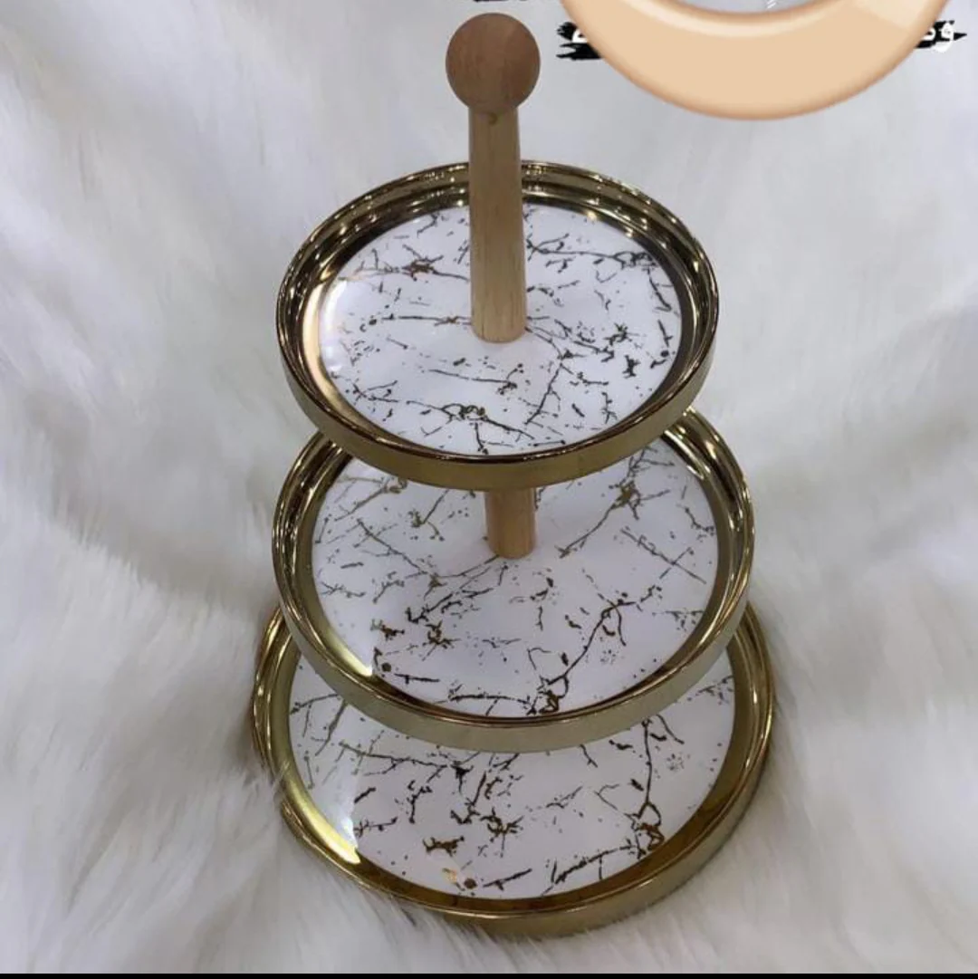 3 layer gold marble cake stand with bamboo - Image 2