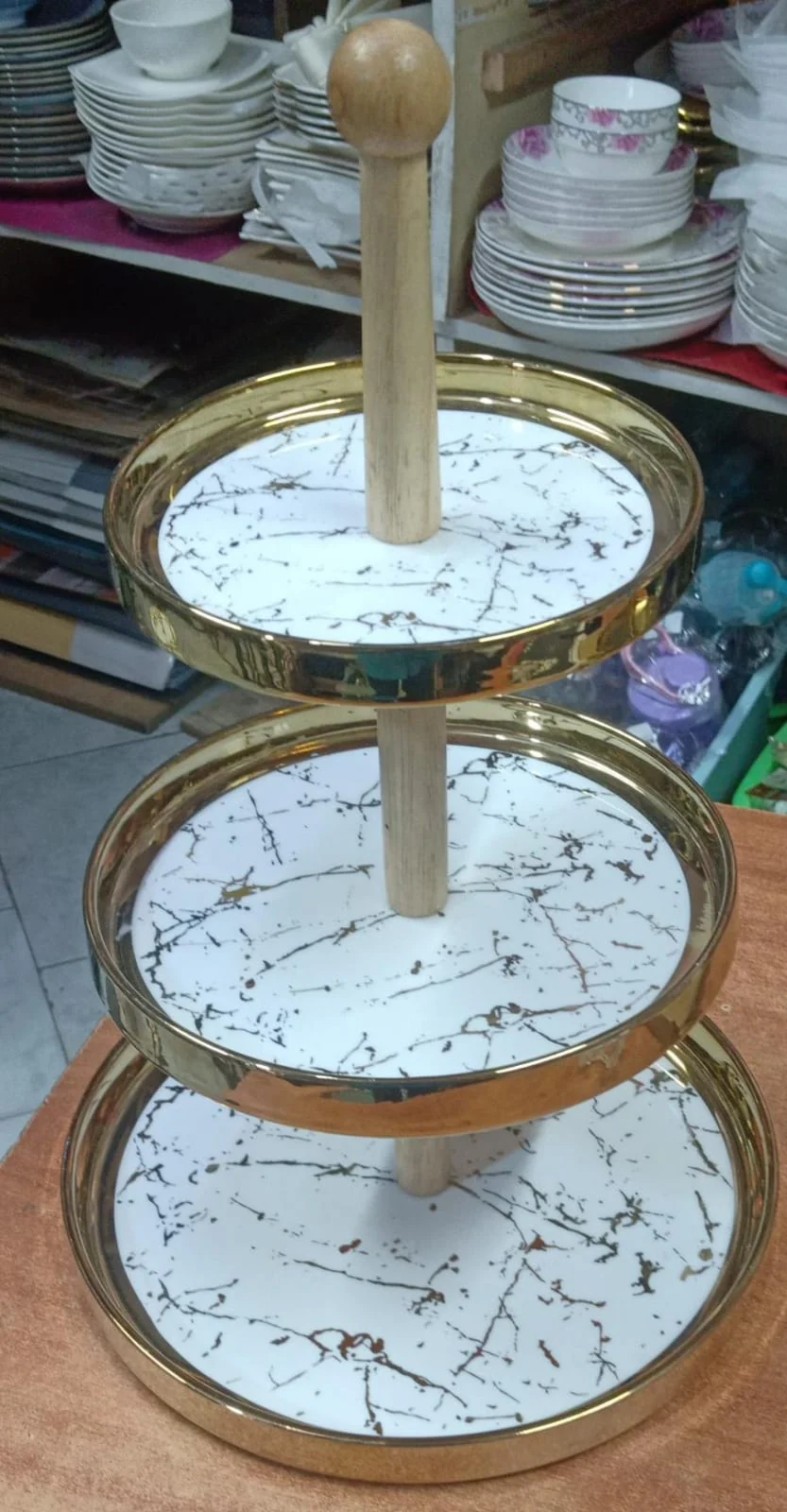3 layer gold marble cake stand with bamboo - Image 3
