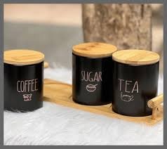 3-Piece Black Porcelain Airtight Canister Set with Bamboo Lids & Wooden Stand – Tea, Coffee & Sugar - Image 2