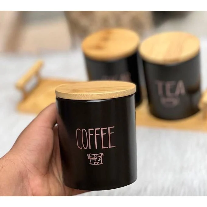 3-Piece Black Porcelain Airtight Canister Set with Bamboo Lids & Wooden Stand – Tea, Coffee & Sugar - Image 3