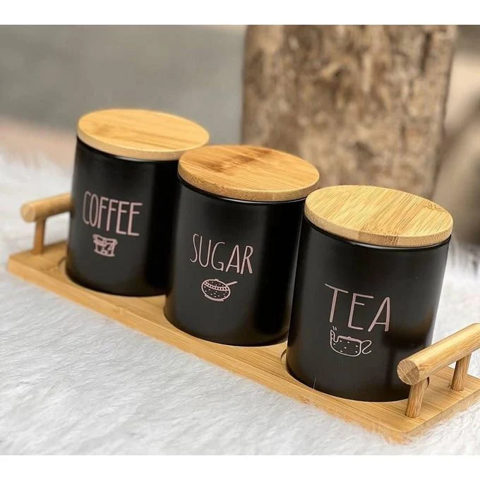 3-Piece Black Porcelain Airtight Canister Set with Bamboo Lids & Wooden Stand – Tea, Coffee & Sugar - Image 4