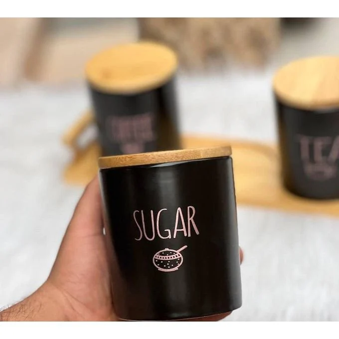 3-Piece Black Porcelain Airtight Canister Set with Bamboo Lids & Wooden Stand – Tea, Coffee & Sugar - Image 5