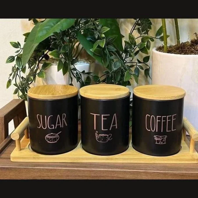 3-Piece Black Porcelain Airtight Canister Set with Bamboo Lids & Wooden Stand – Tea, Coffee & Sugar - Image 6