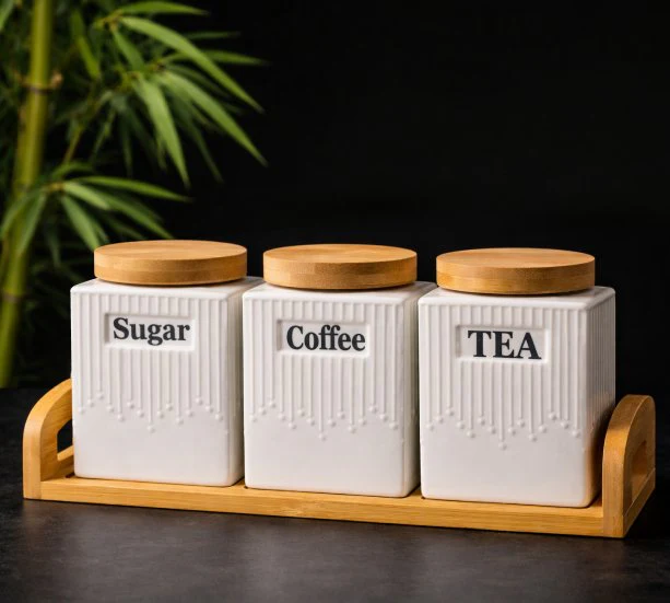 3-Piece Ceramic Canister Set with Bamboo Lids & Tray – Tea, Coffee & Sugar Storage Set - Image 2