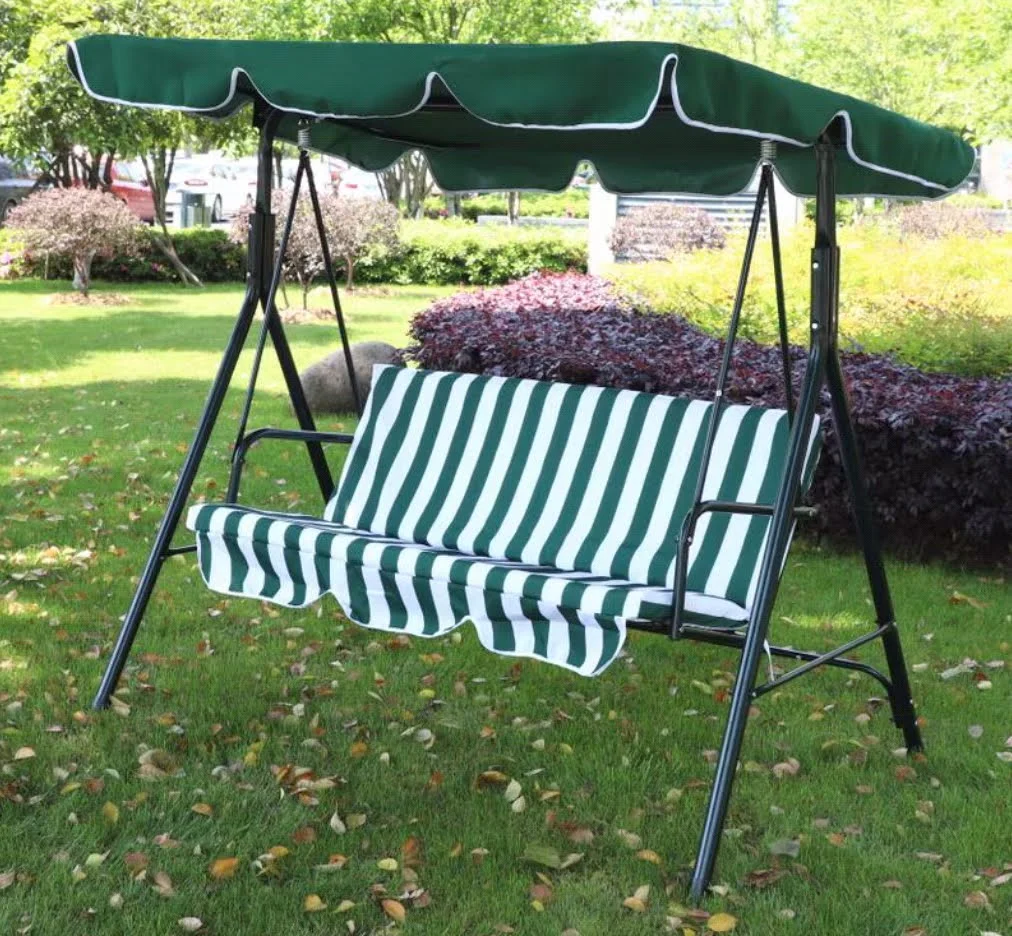 3 Seat Garden Patio Swing Chair With Canopy Green And White Candy Stripe Padded Cushion - Image 2
