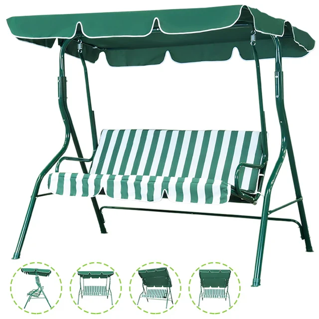3 Seat Garden Patio Swing Chair With Canopy Green And White Candy Stripe Padded Cushion - Image 3