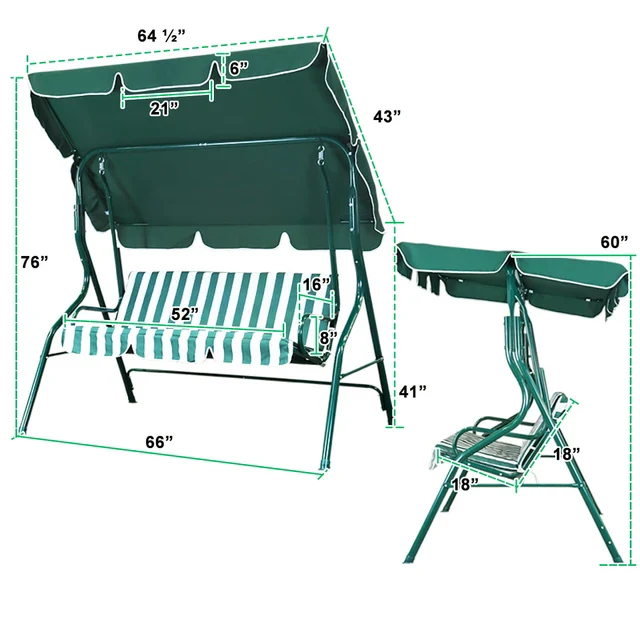 3 Seat Garden Patio Swing Chair With Canopy Green And White Candy Stripe Padded Cushion - Image 4