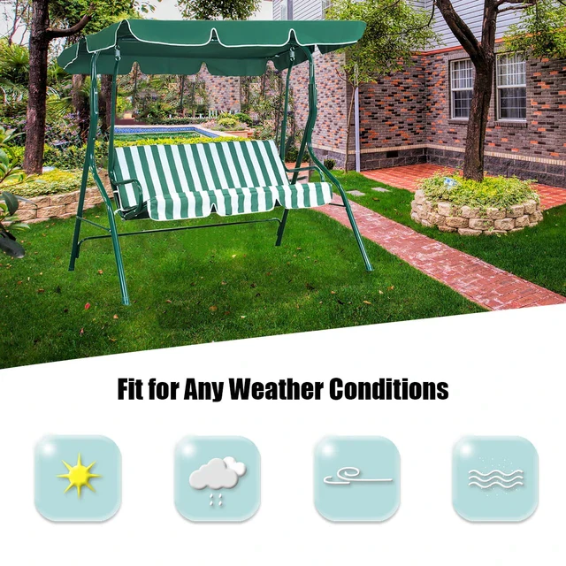 3 Seat Garden Patio Swing Chair With Canopy Green And White Candy Stripe Padded Cushion - Image 5