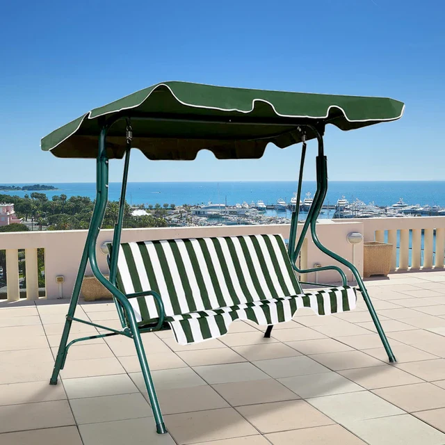 3 Seat Garden Patio Swing Chair With Canopy Green And White Candy Stripe Padded Cushion - Image 6