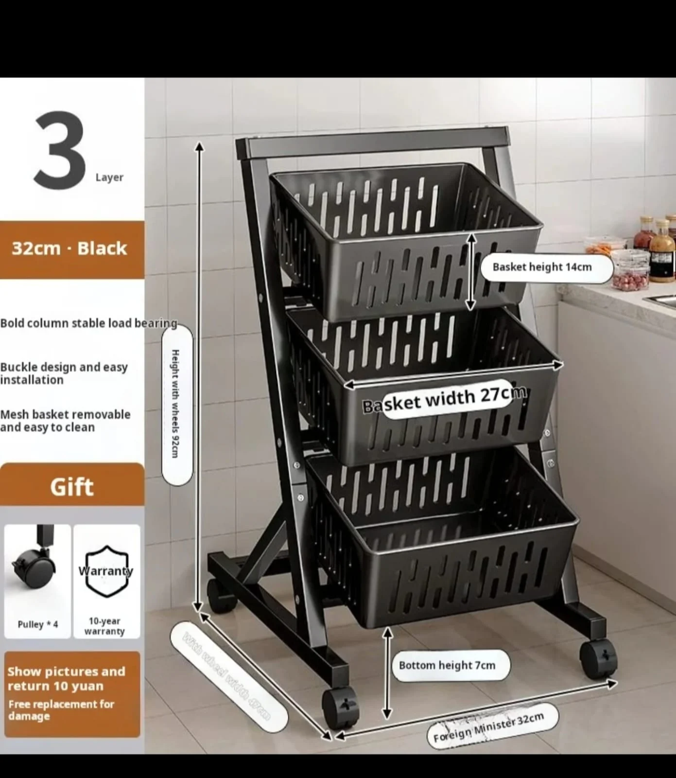 3 Tier Multi-Functional Steel Vegetable & Fruit Rack - Transform Your Kitchen - Image 3