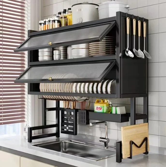 3-Tier Over The Sink Dish Drying Rack & Countertop Organizer Kenya | Over Sink Dish Rack with Flip Cover Doors, Adjustable Metal Kitchen Rack, Cupboard Storage Dish Rack, Dish Drainer with Drainage, Multifunctional Kitchen Storage Rack - Image 2