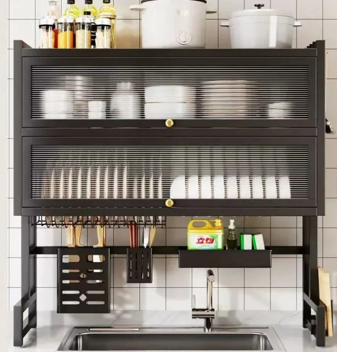 3-Tier Over The Sink Dish Drying Rack & Countertop Organizer Kenya | Over Sink Dish Rack with Flip Cover Doors, Adjustable Metal Kitchen Rack, Cupboard Storage Dish Rack, Dish Drainer with Drainage, Multifunctional Kitchen Storage Rack - Image 3