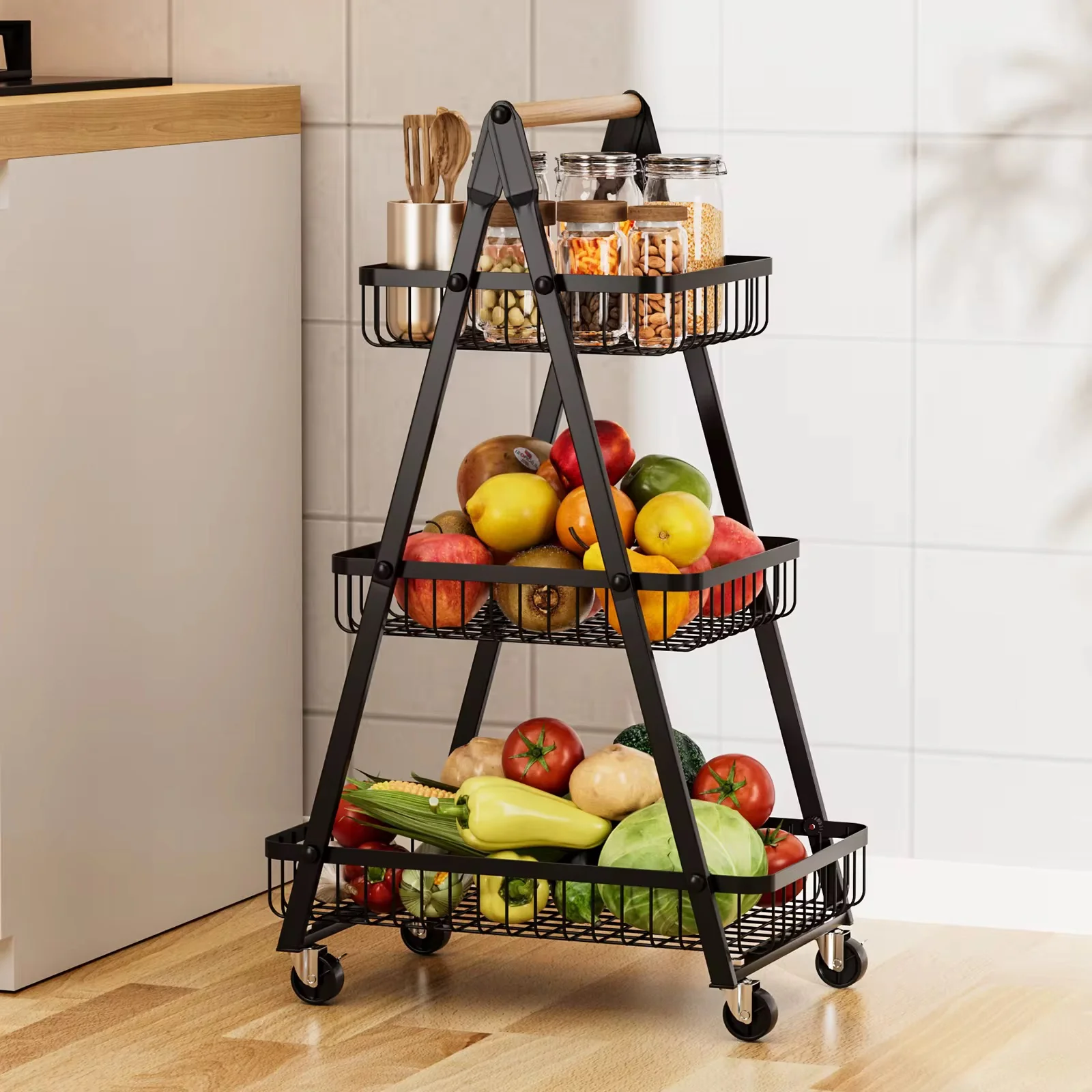 3-Tier Rolling Utility Cart Storage Shelves Multifunction Storage Vegetable Kitchen Trolley Service Cart with Mesh Basket Handles and Wheels Easy Assembly for Bathroom, Kitchen, Office, - Image 2