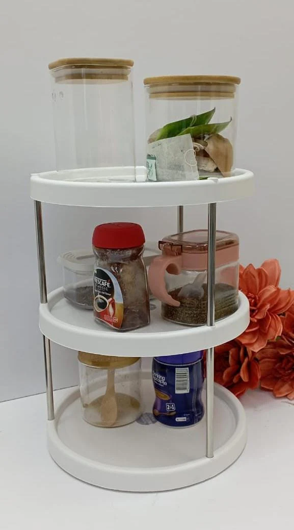 3-Tier Rotating Kitchen Storage Rack & Spice Organiser – Plastic & Stainless Steel Stand - Image 3