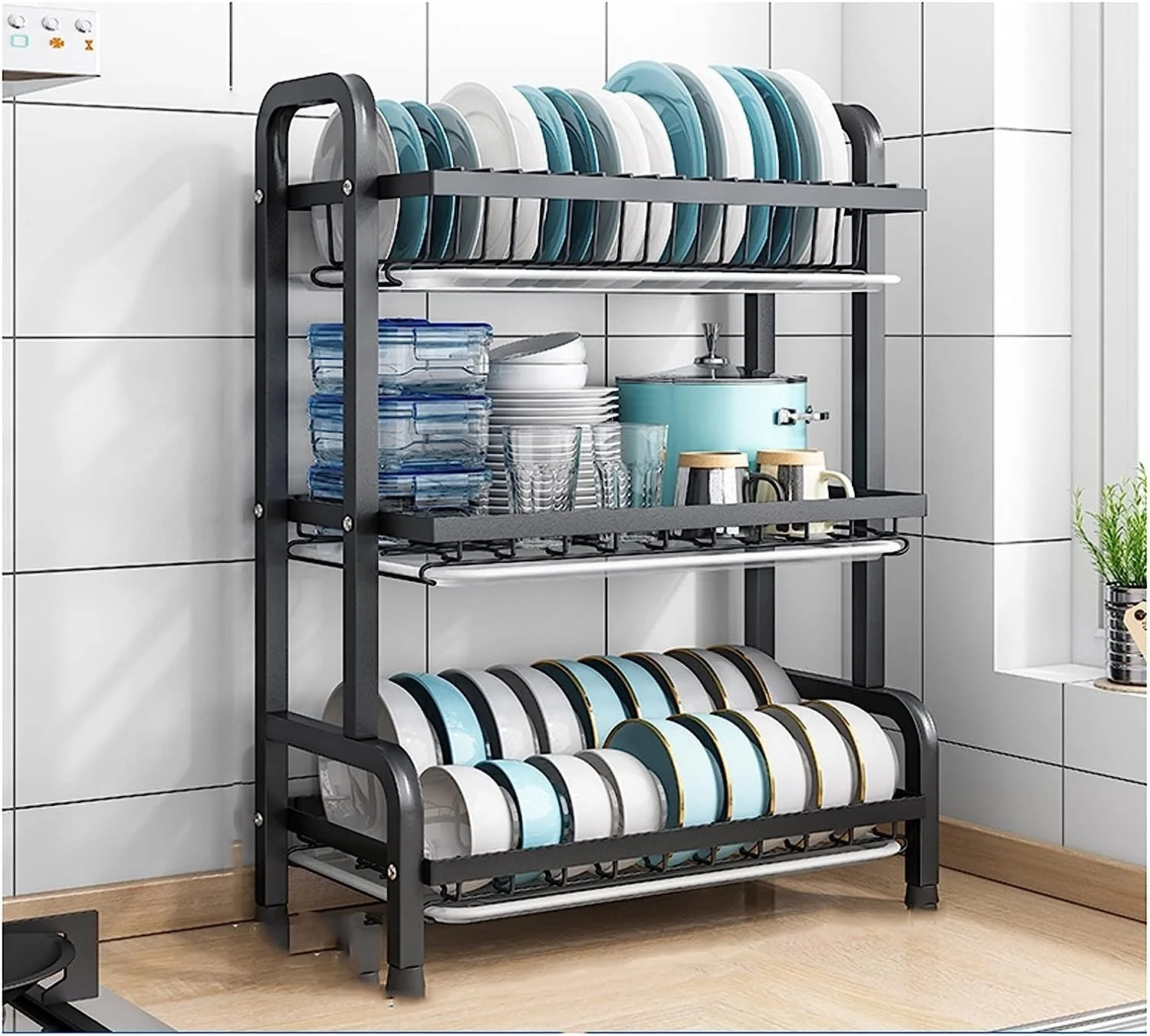 3-Tier Stainless Steel Kitchen Dish Drying Rack / Heavy Duty Standing Dish Drainer with Cutlery Holder - Image 3