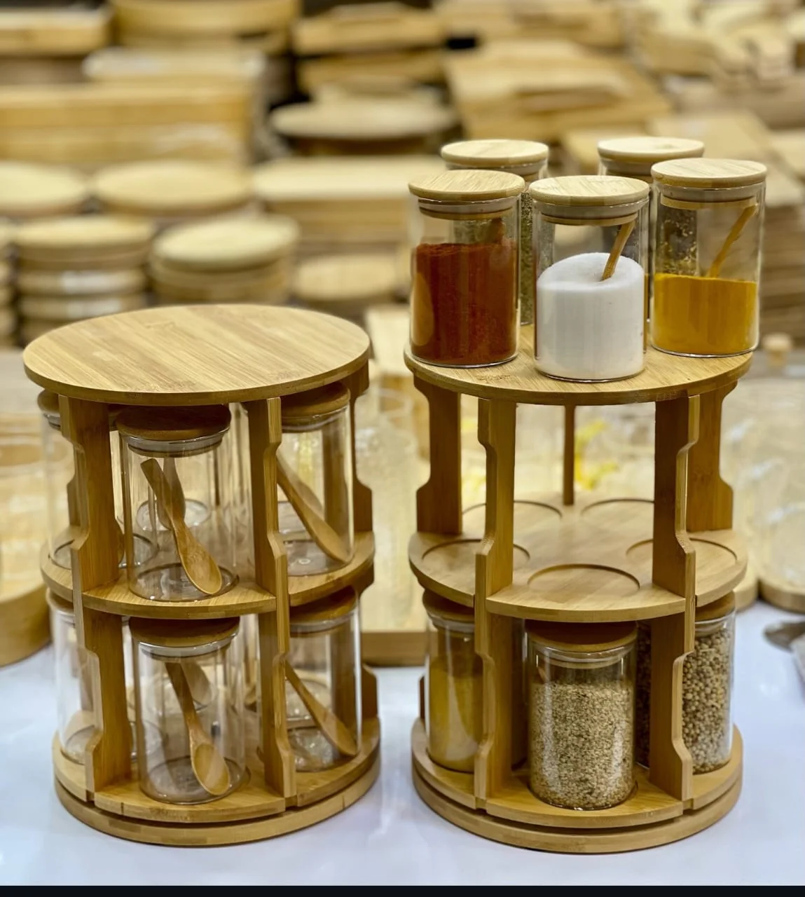 360° Rotating Spice Bamboo Tabletop Rack With 10 Big Jars & Accessories - Image 2