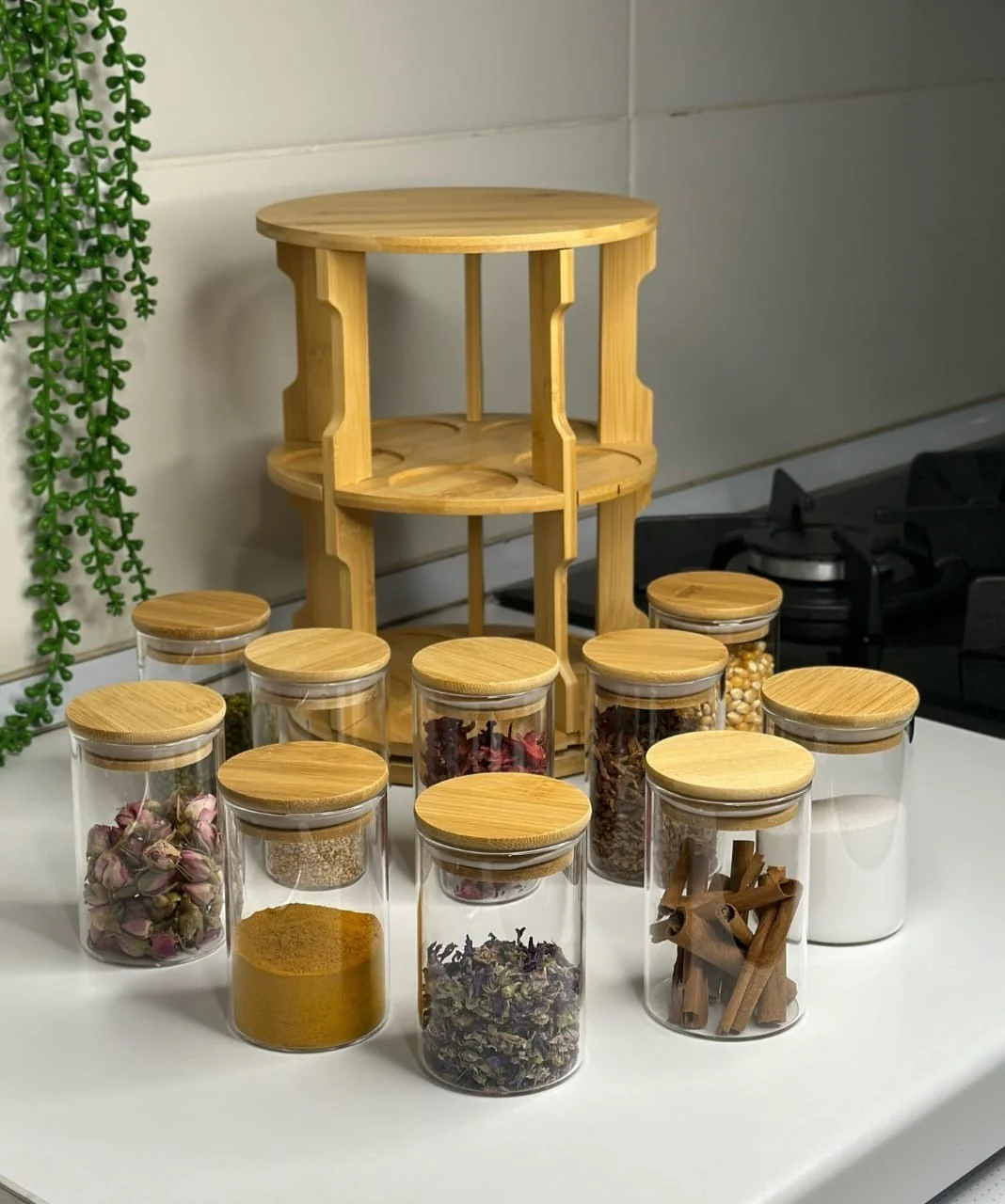 360° Rotating Spice Bamboo Tabletop Rack With 10 Big Jars & Accessories - Image 3