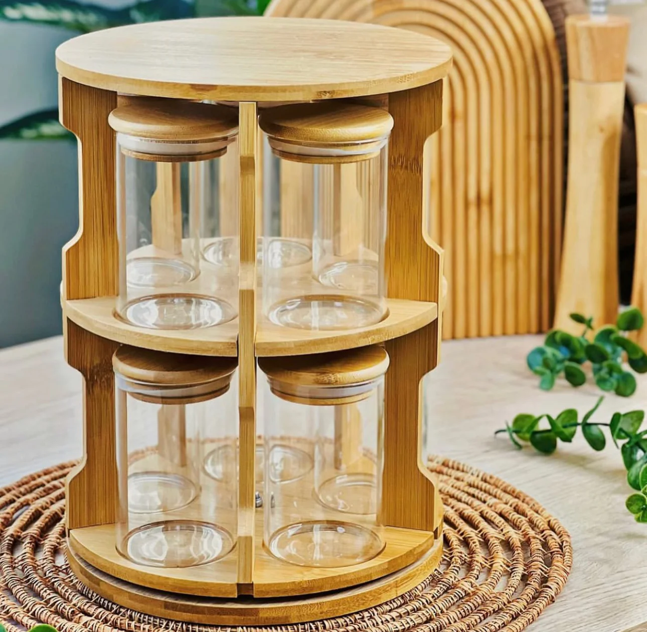 360° Rotating Spice Bamboo Tabletop Rack With 10 Big Jars & Accessories - Image 5