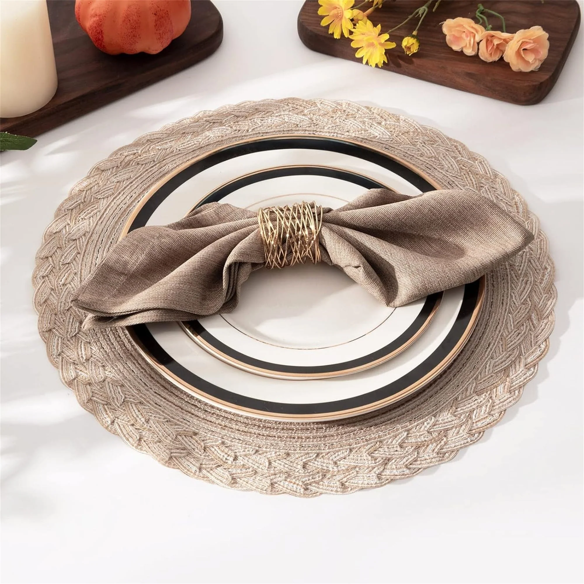 38cm Round Placemats Set of 6 Cotton Woven Heat Resistant Washable Table Mat for Kitchen Dining Room - Image 2