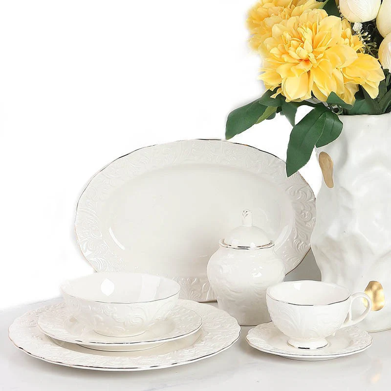 39 Piece White Porcelain Ceramic Dinner Set with Gold Rim 6 Plates 6 Bowls 6 Cups Saucers Platter Kettle - Image 2