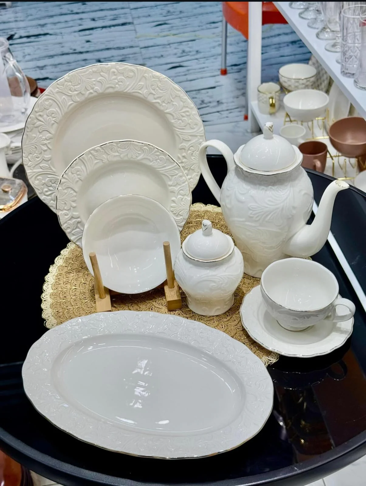 39 Piece White Porcelain Ceramic Dinner Set with Gold Rim 6 Plates 6 Bowls 6 Cups Saucers Platter Kettle - Image 4
