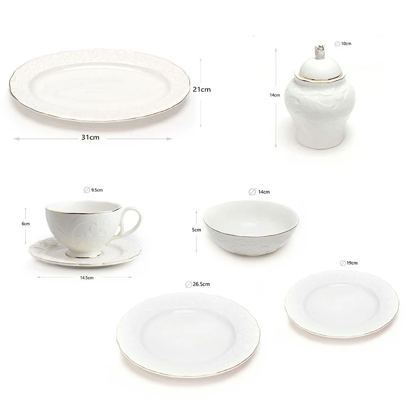 39 Piece White Porcelain Ceramic Dinner Set with Gold Rim 6 Plates 6 Bowls 6 Cups Saucers Platter Kettle - Image 5
