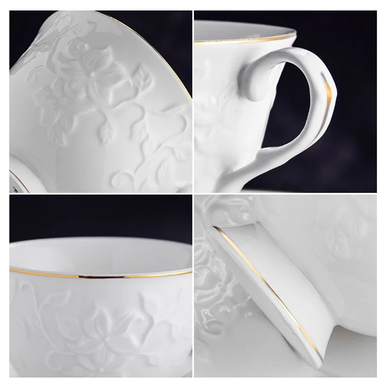 39 Piece White Porcelain Ceramic Dinner Set with Gold Rim 6 Plates 6 Bowls 6 Cups Saucers Platter Kettle - Image 6