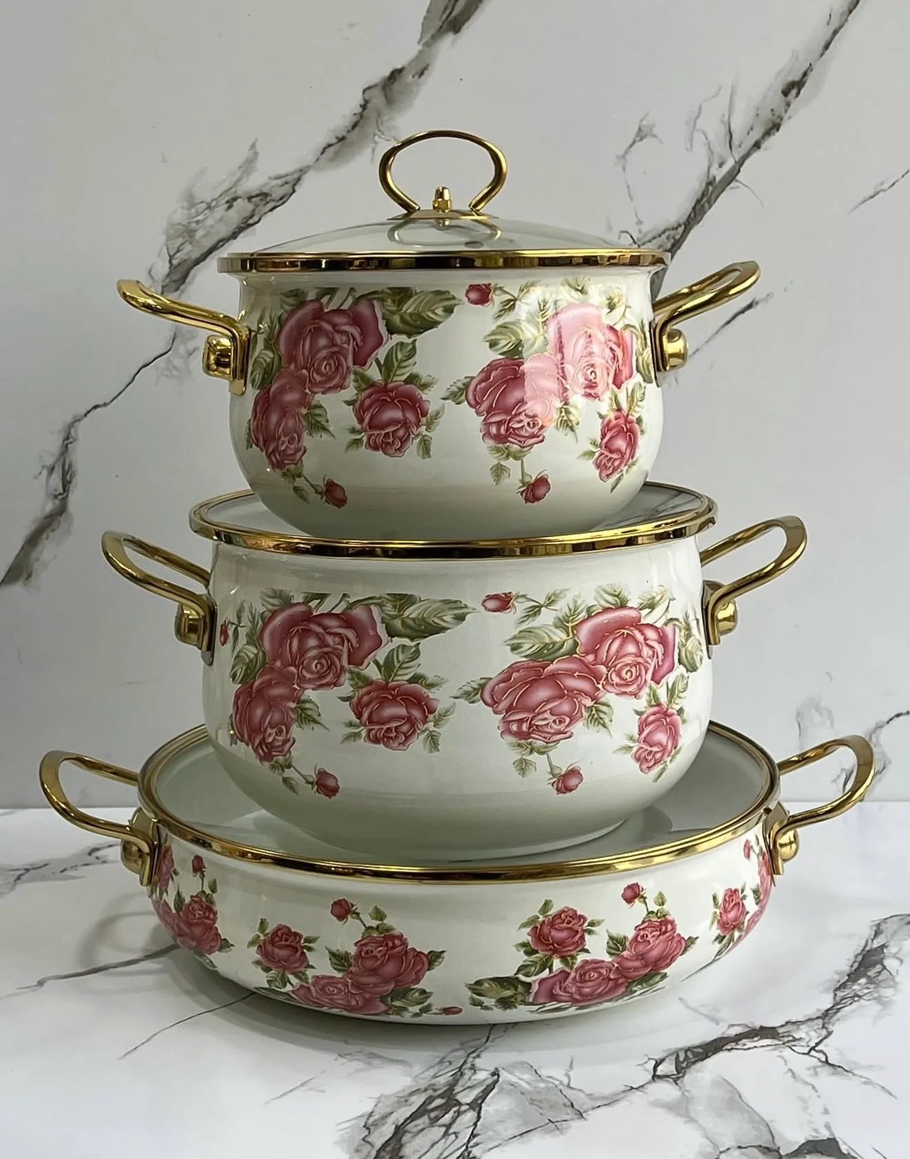 3pcs Enamelware Casserole Cooking Pot Set | Heavy-Duty Enamel Stockpots with Glass Lids in Kenya - Image 2