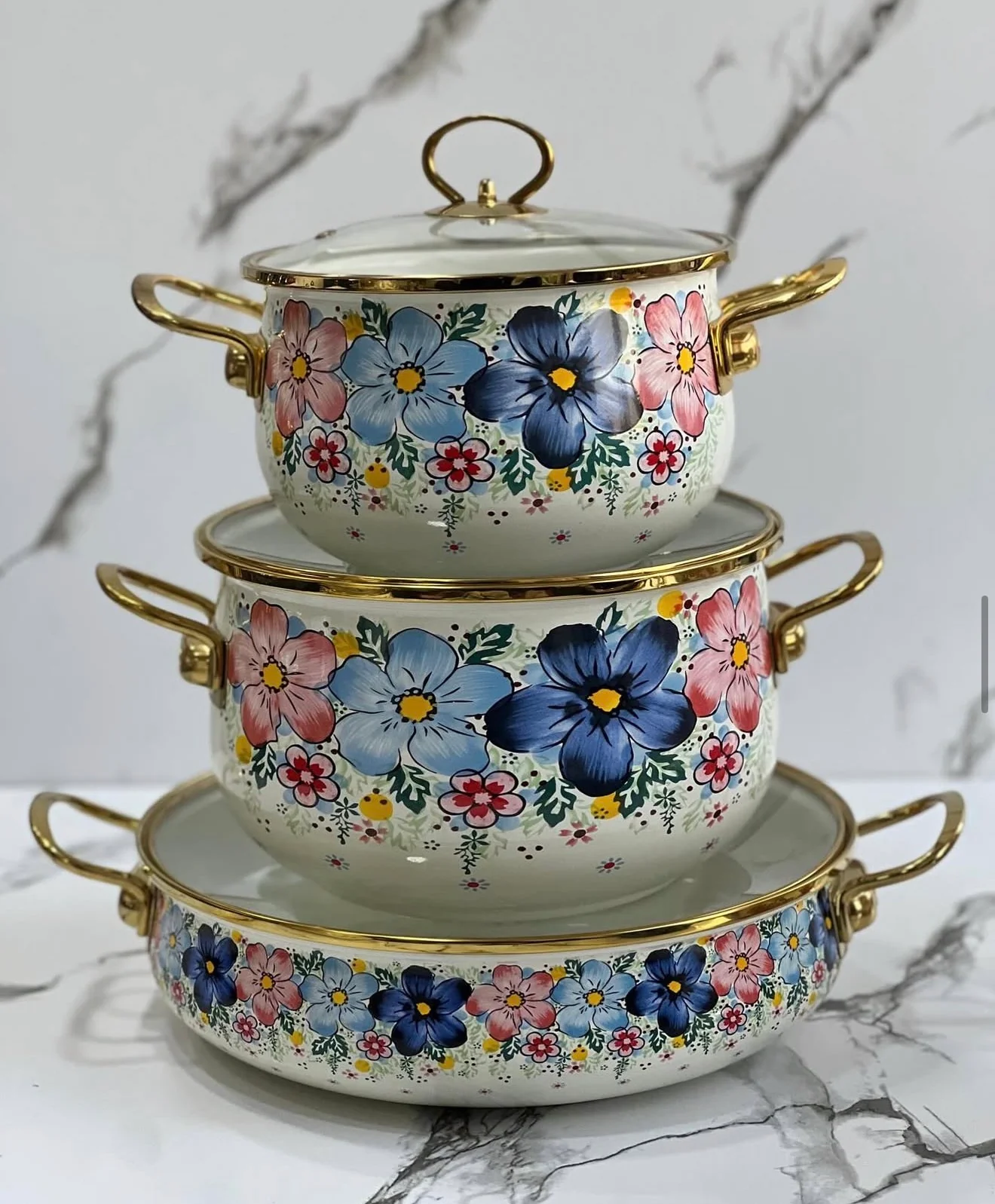 3pcs Enamelware Casserole Cooking Pot Set | Heavy-Duty Enamel Stockpots with Glass Lids in Kenya - Image 3