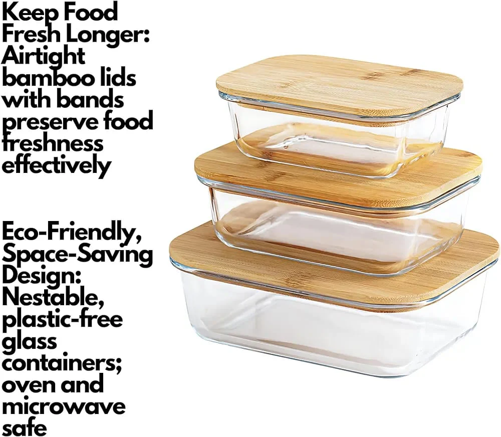 3pcs glass bowl storage containers with bamboo lid - Image 2
