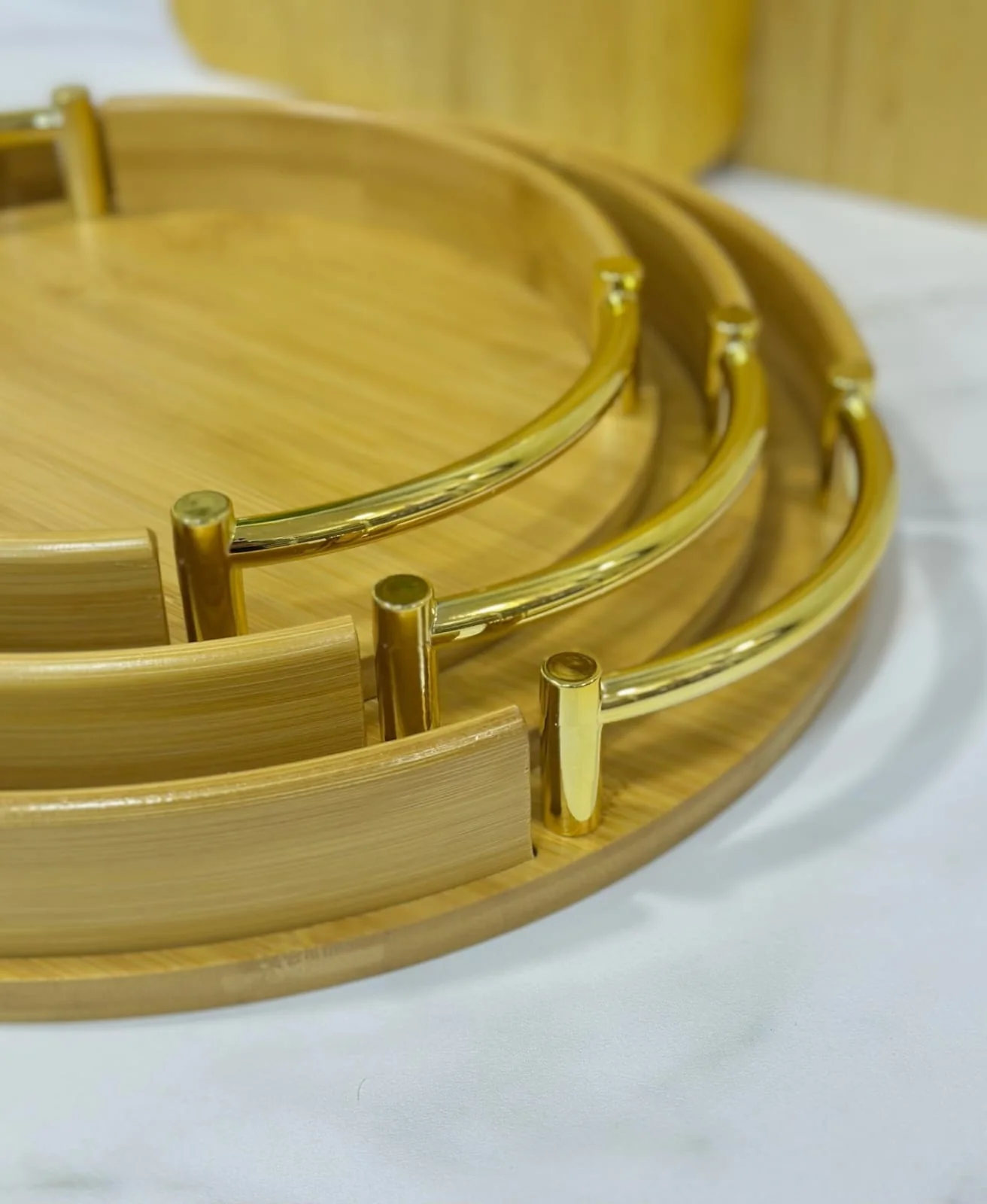 3pcs Round Bamboo Serving Tray Set with Metal Handles – Multi-Functional & Stylish - Image 2