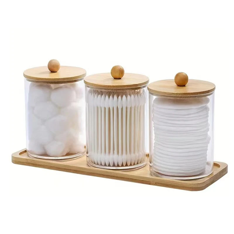 3pcs set acrylic swab storage organizer with Bamboo holder - Image 2