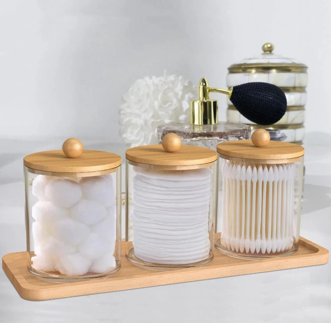3pcs set acrylic swab storage organizer with Bamboo holder - Image 3